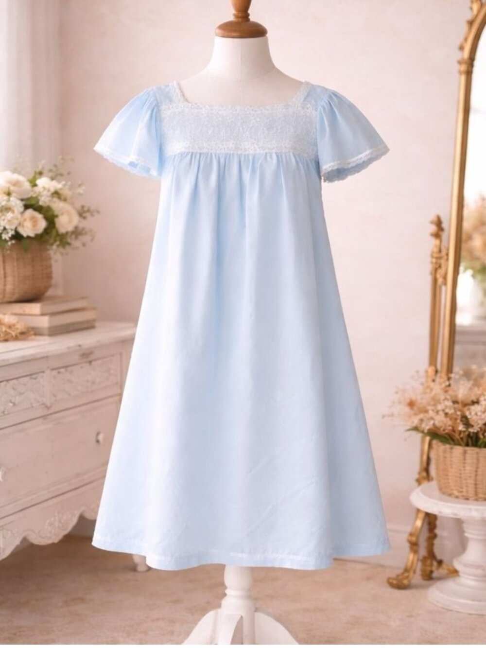 Vintage Adonna Light Blue Nightgown Size L Lace Trim Cap Sleeve Retro Sleepwear